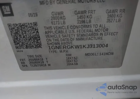 2019 Chevrolet Traverse 1Lt из США, поврежденный, VIN 1GNERGKW1KJ313004